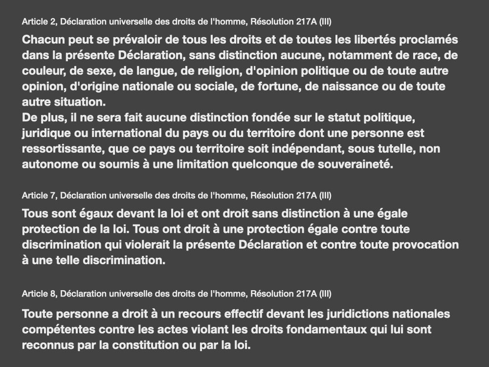 Art. 2, 7, 8 de la Déclaration universelle des droits de l'homme
